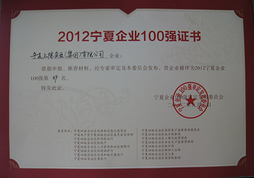 9月6日，在2012年宁夏企业100强发布大会暨宁夏领军企业高峰论坛上，集团公司以综合排名第39的成绩再次跻身宁夏百强之列。